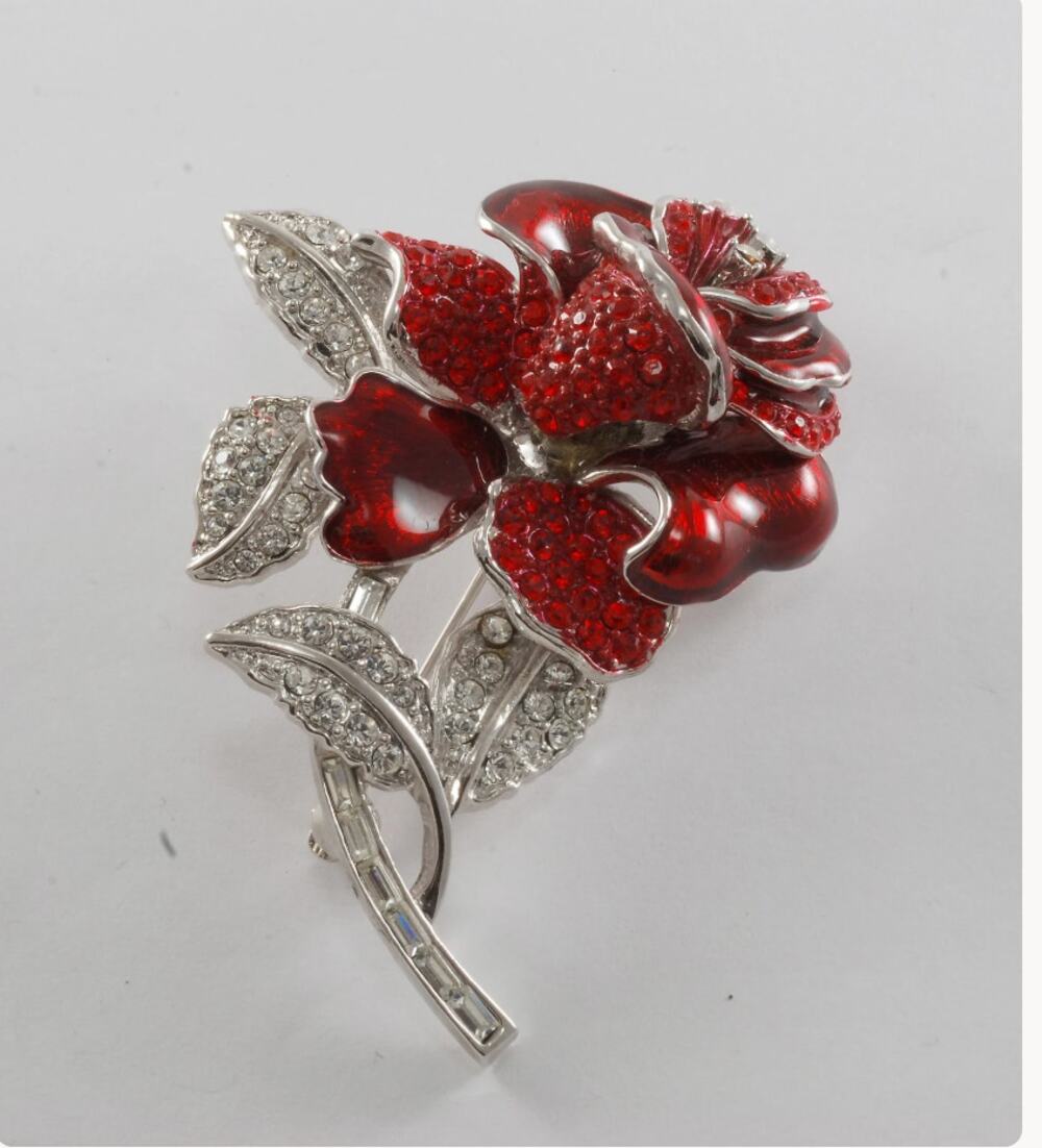 Vintage Nolan Miller Brooch First Lady Red Rose Nancy Regan Rhinestone Brooch
